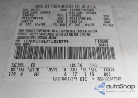 2001 Ford Expedition Xlt из США, поврежденный, VIN 1FMPU16L71LB38799